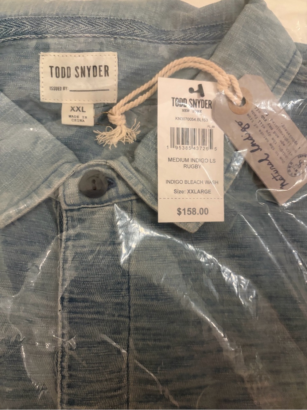 Todd Snyder Indigo Long Sleeve Rugby Style shirt. Men’s XXL New in original wrap